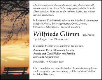 Traueranzeige von Wilfriede Glimm (geb. Nagel)  von Magdeburger Volksstimme
