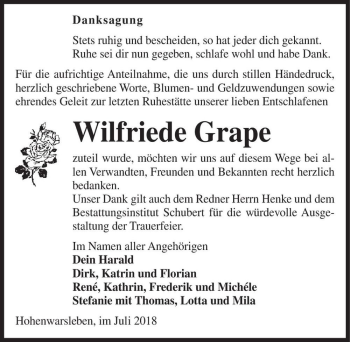 Traueranzeige von Wilfriede Grape  von Magdeburger Volksstimme