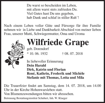 Traueranzeige von Wilfriede Grape (geb. Dorendorf)  von Magdeburger Volksstimme