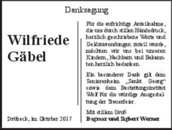 Traueranzeige von Wilfriede Gäbel  von Magdeburger Volksstimme