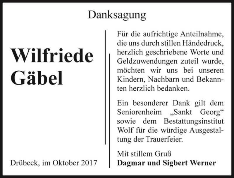  Traueranzeige für Wilfriede Gäbel  vom 27.10.2017 aus Magdeburger Volksstimme