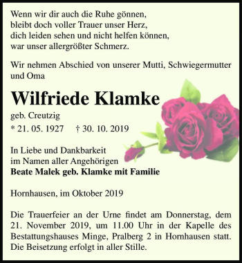 Traueranzeige von Wilfriede Klamke (geb. Creutzig)  von Magdeburger Volksstimme