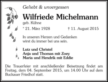 Traueranzeige von Wilfriede Michelmann (geb. Kühne)  von Magdeburger Volksstimme