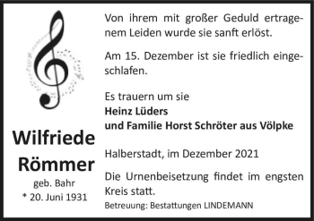 Traueranzeige von Wilfriede Römmer (geb. Bahr)  von Magdeburger Volksstimme