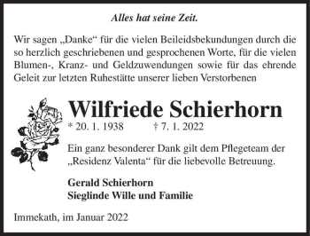 Traueranzeige von Wilfriede Schierhorn  von Magdeburger Volksstimme
