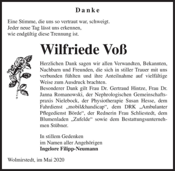 Traueranzeige von Wilfriede Voß  von Magdeburger Volksstimme