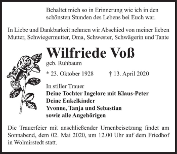 Traueranzeige von Wilfriede Voß (geb. Ruhbaum)  von Magdeburger Volksstimme