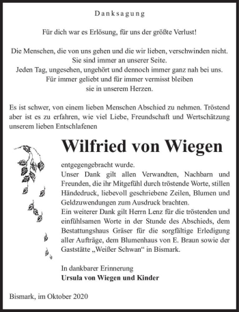 Traueranzeige von Wilfried von Wiegen  von Magdeburger Volksstimme