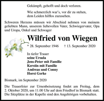 Traueranzeige von Wilfried von Wiegen  von Magdeburger Volksstimme