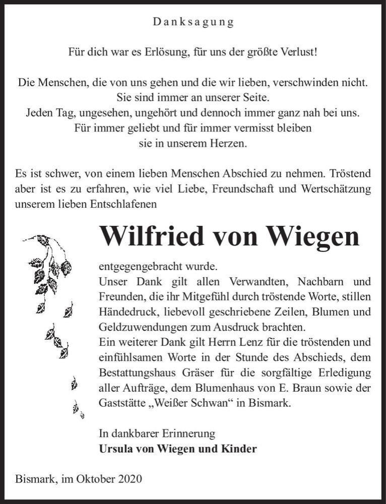  Traueranzeige für Wilfried von Wiegen  vom 15.10.2020 aus Magdeburger Volksstimme