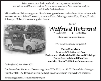 Traueranzeige von Wilfried „Bonte'' Behrend  von Magdeburger Volksstimme