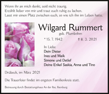 Traueranzeige von Wilgard Rummert (geb. Plumbohm)  von Magdeburger Volksstimme