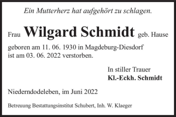 Traueranzeige von Wilgard Schmidt (geb. Hause)  von Magdeburger Volksstimme