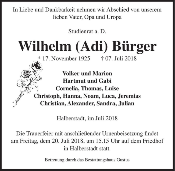 Traueranzeige von Wilhelm (Adi) Bürger  von Magdeburger Volksstimme