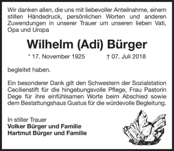 Traueranzeige von Wilhelm (Adi) Bürger  von Magdeburger Volksstimme
