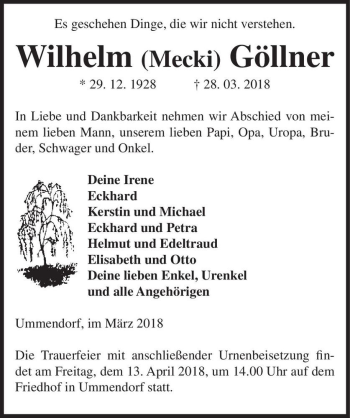 Traueranzeige von Wilhelm (Mecki) Göllner  von Magdeburger Volksstimme