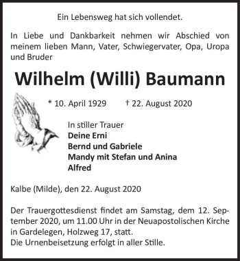 Traueranzeige von Wilhelm (Willi) Baumann  von Magdeburger Volksstimme