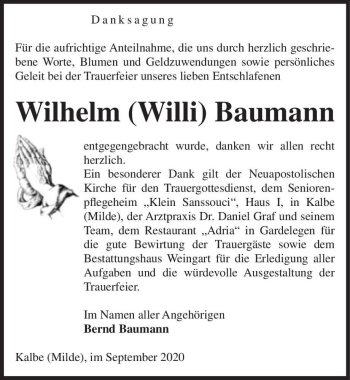Traueranzeige von Wilhelm (Willi) Baumann  von Magdeburger Volksstimme