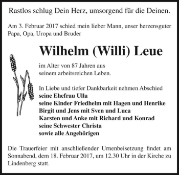 Traueranzeige von Wilhelm 