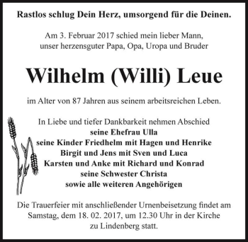 Traueranzeige von Wilhelm 