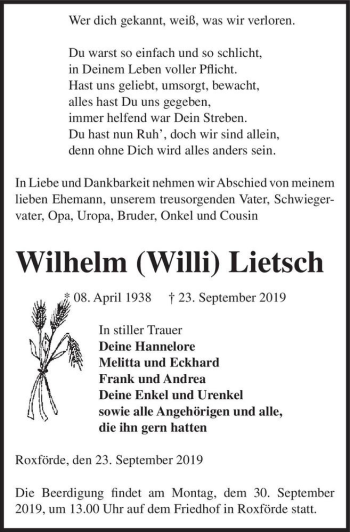 Traueranzeige von Wilhelm (Willi) Lietsch  von Magdeburger Volksstimme