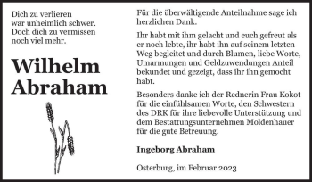 Traueranzeige von Wilhelm Abraham  von Magdeburger Volksstimme