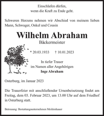 Traueranzeige von Wilhelm Abraham  von Magdeburger Volksstimme