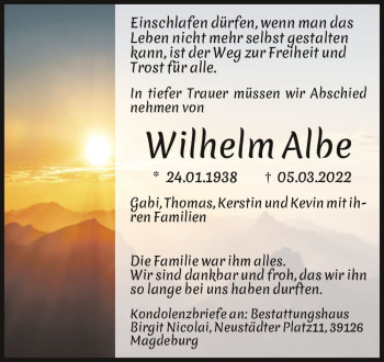 Traueranzeige von Wilhelm Albe  von Magdeburger Volksstimme