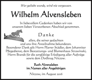 Traueranzeige von Wilhelm Alvensleben  von Magdeburger Volksstimme