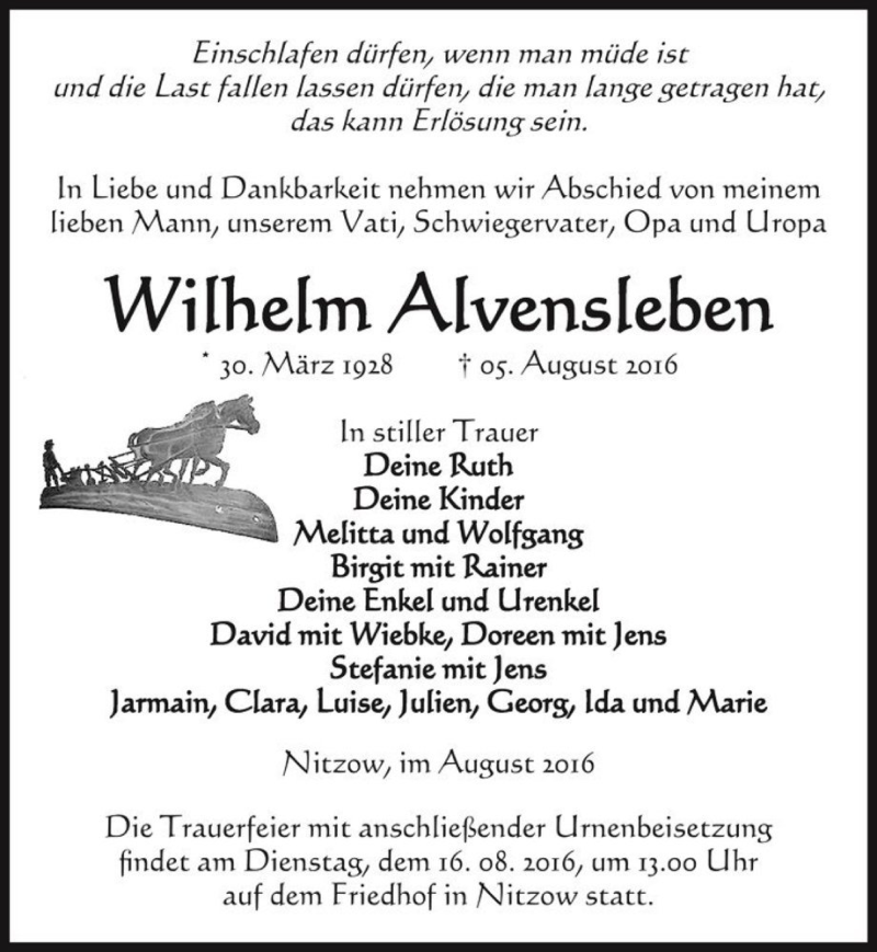  Traueranzeige für Wilhelm Alvensleben  vom 10.08.2016 aus Magdeburger Volksstimme
