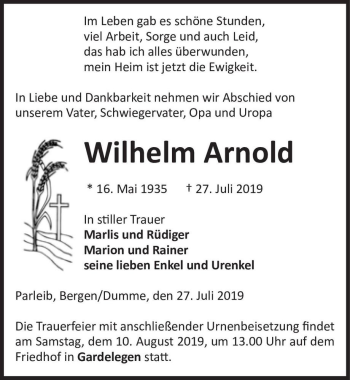 Traueranzeige von Wilhelm Arnold  von Magdeburger Volksstimme