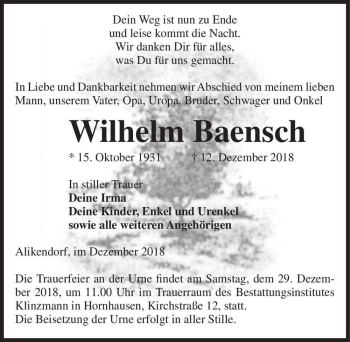 Traueranzeige von Wilhelm Baensch  von Magdeburger Volksstimme