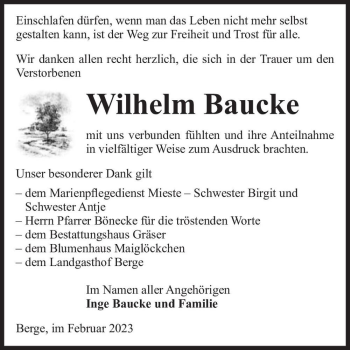 Traueranzeige von Wilhelm Baucke  von Magdeburger Volksstimme