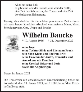 Traueranzeige von Wilhelm Baucke  von Magdeburger Volksstimme