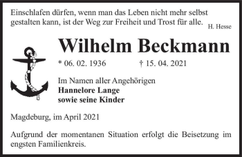 Traueranzeige von Wilhelm Beckmann  von Magdeburger Volksstimme