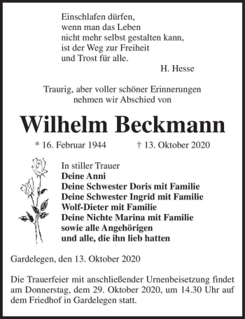 Traueranzeige von Wilhelm Beckmann  von Magdeburger Volksstimme