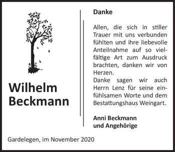 Traueranzeige von Wilhelm Beckmann  von Magdeburger Volksstimme