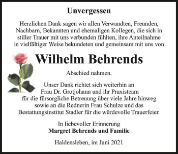 Traueranzeige von Wilhelm Behrends  von Magdeburger Volksstimme