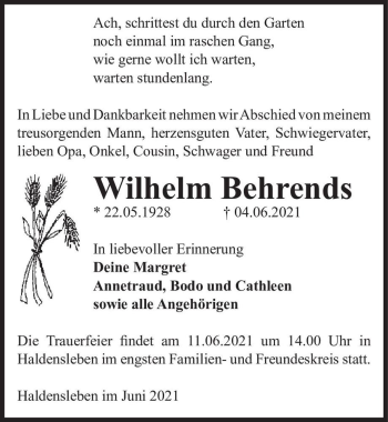 Traueranzeige von Wilhelm Behrends  von Magdeburger Volksstimme