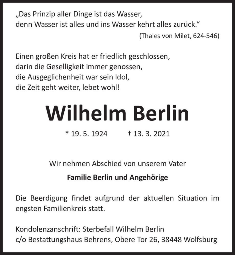  Traueranzeige für Wilhelm Berlin  vom 20.03.2021 aus Magdeburger Volksstimme