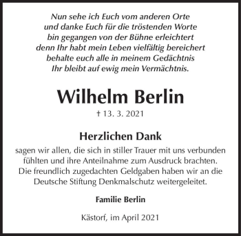 Traueranzeige von Wilhelm Berlin  von Magdeburger Volksstimme