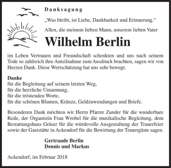 Traueranzeige von Wilhelm Berlin  von Magdeburger Volksstimme