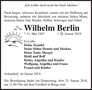 Traueranzeige von Wilhelm Berlin  von Magdeburger Volksstimme