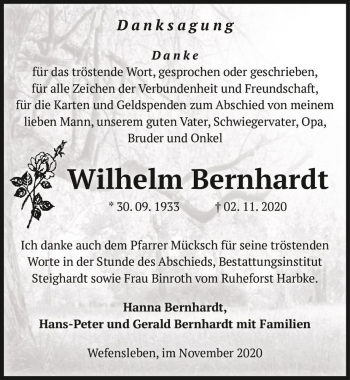 Traueranzeige von Wilhelm Bernhardt  von Magdeburger Volksstimme
