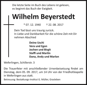 Traueranzeige von Wilhelm Beyerstedt  von Magdeburger Volksstimme