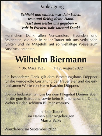 Traueranzeige von Wilhelm Biermann  von Magdeburger Volksstimme