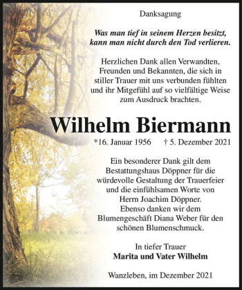 Traueranzeige von Wilhelm Biermann  von Magdeburger Volksstimme