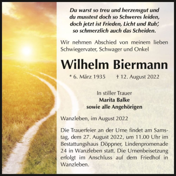 Traueranzeige von Wilhelm Biermann  von Magdeburger Volksstimme