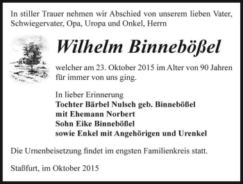 Traueranzeige von Wilhelm Binnebößel  von Magdeburger Volksstimme