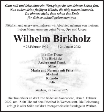 Traueranzeige von Wilhelm Birkholz  von Magdeburger Volksstimme
